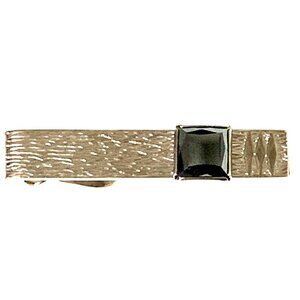 Silver-Tone Tie Bar Clip Black Cabochon Accent Texture Wedding Formal Prom VTG